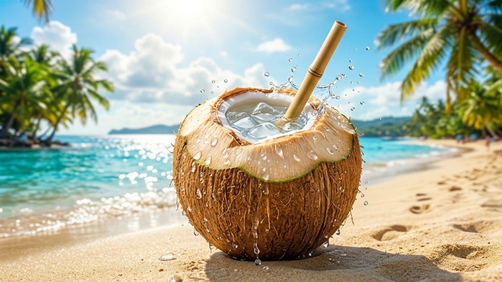 Agua de coco natural y refrescante con hielo y pajilla en una playa tropical, ideal como bebida energizante para la hidratación y recuperar energía.