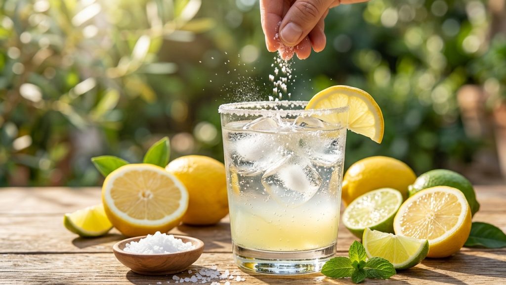 Mano espolvoreando sal en un vaso de agua con hielo y limón sobre una mesa rústica, rodeado de limones frescos y hojas de menta en un jardín soleado.