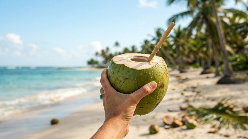 Mano sosteniendo un coco fresco abierto con pajilla de bambú en una playa tropical de Punta Cana, República Dominicana.