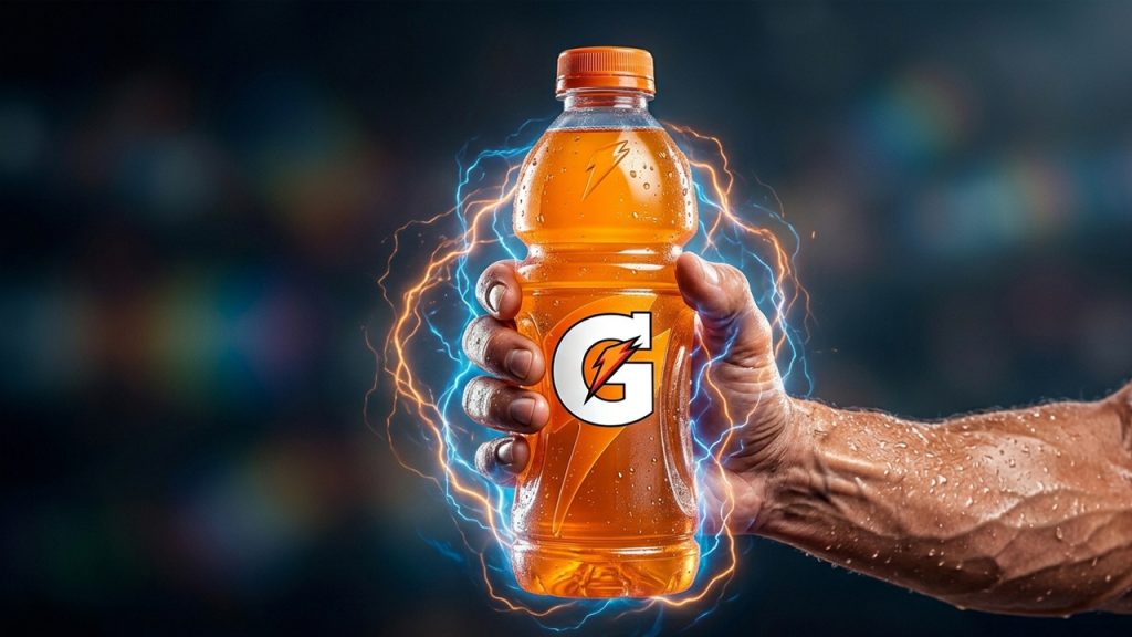 Una botella de bebida isotónica sabor naranja con el logotipo de la letra "G" y un rayo en el centro, sostenida por un brazo musculoso sobre un fondo oscuro y difuminado.