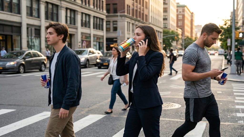 Personas en una calle de la ciudad consumiendo cafeína debido a las causas de tomar bebidas energizantes como el ritmo de vida rápido.