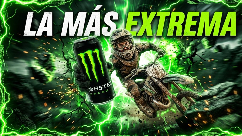 Miniatura de temática extrema que muestra a un piloto de motocross en acción sobre su moto, rodeado de destellos y rayos de energía verde neón. A la izquierda, una mano sostiene una lata de Monster Energy, y en la parte superior se lee el texto en letras grandes y llamativas: "LA MÁS EXTREMA".