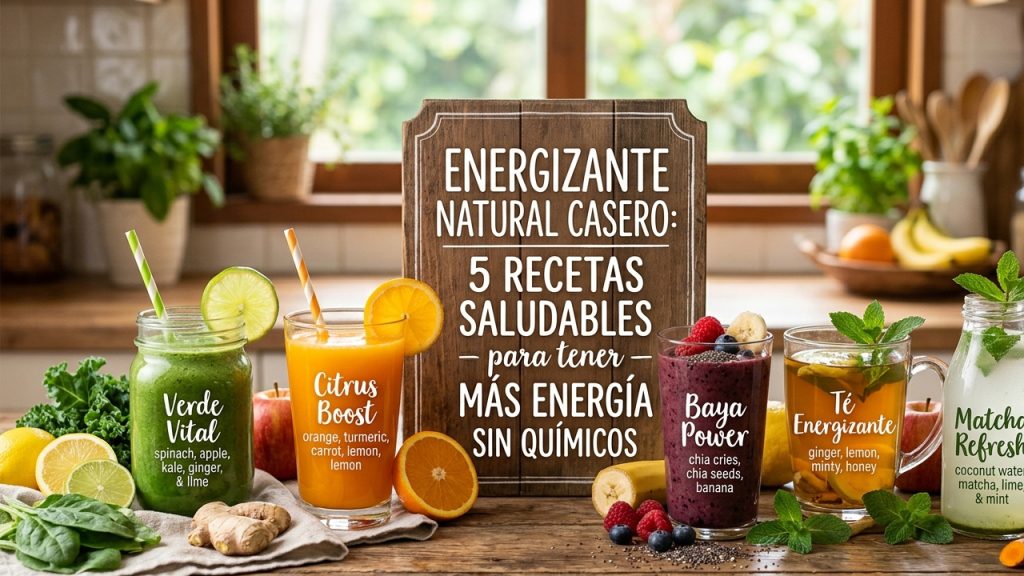 Una imagen promocional de estilo rústico y luminoso sobre una mesa de madera en una cocina, que presenta cinco bebidas energizantes naturales en diferentes vasos y frascos. En el centro, un letrero de madera marrón muestra el título destacado: ENERGIZANTE NATURAL CASERO: 5 RECETAS SALUDABLES para tener MÁS ENERGÍA SIN QUÍMICOS.