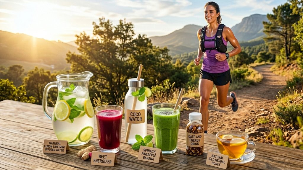 Una corredora avanza por un sendero de montaña al amanecer, con una mesa en primer plano que exhibe bebidasEnergizante natural para deportistas como agua de coco, jugo de remolacha y un batido verde.