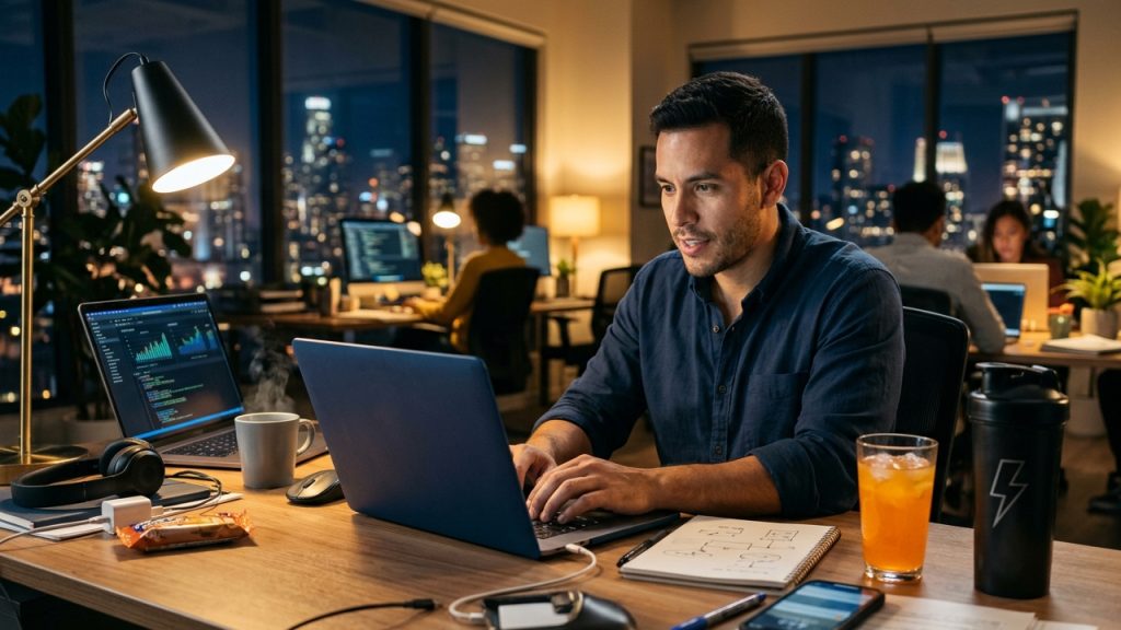 Un hombre concentrado trabajando de noche con su laptop en una oficina, junto a un vaso y un termo de energizantes para trabajar.