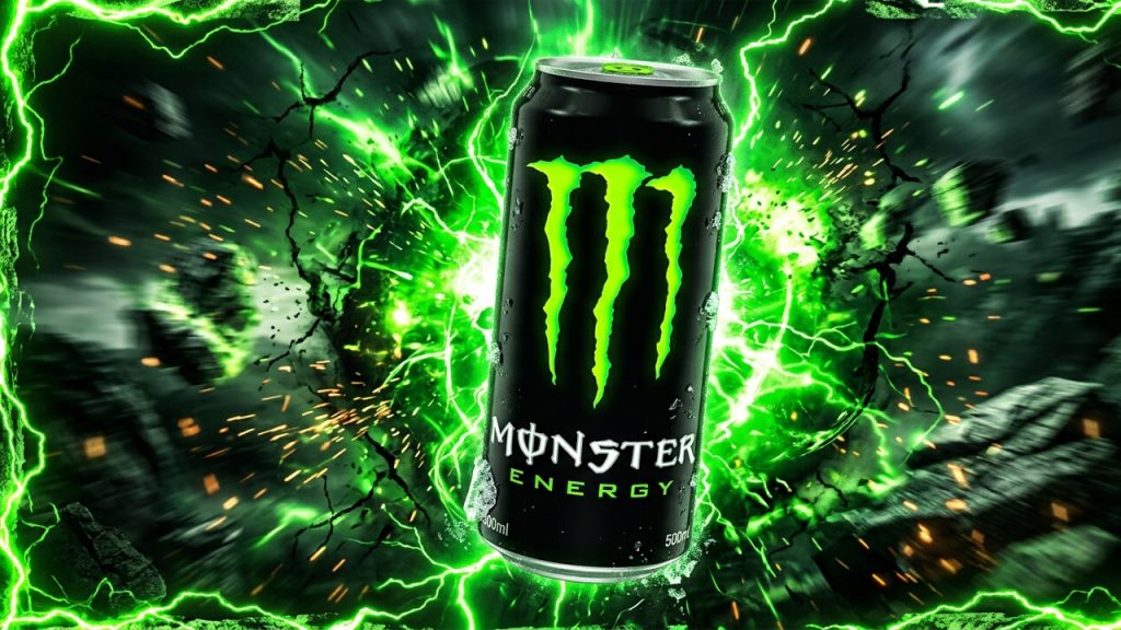 Una lata de bebida energética Monster Energy flotando en el centro, mostrando su icónico logo de la "M" en garras verdes sobre fondo negro. La lata está rodeada por un estallido dinámico de energía y rayos de luz verde neón que surgen de un fondo oscuro y agrietado, creando una atmósfera extrema y de alto impacto.