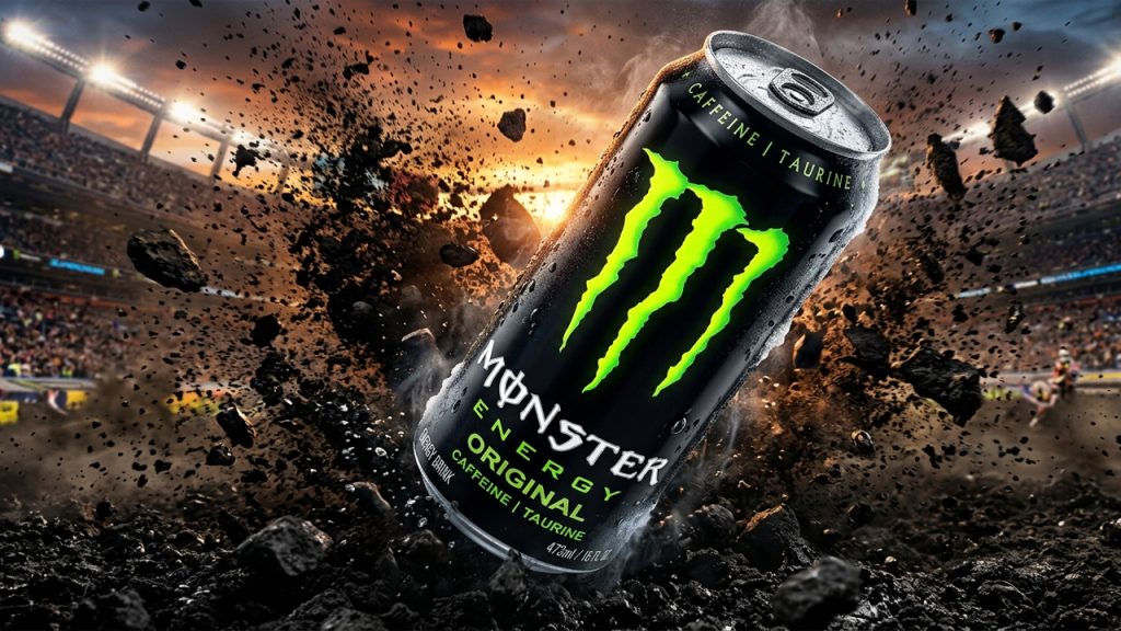 Lata de Monster Energy Original fría con gotas de agua sobre fondo de motocross en un estadio.
