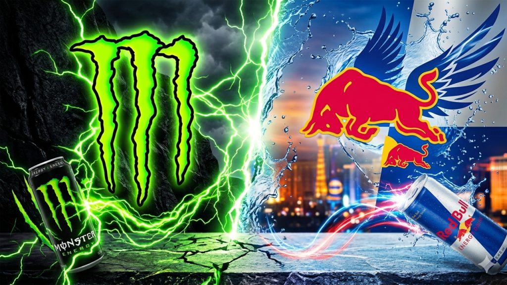 Miniatura de combate entre un rayo verde con el logo de Monster y un toro alado rojo con el logo de Red Bull; ideal para un video de monster vs red bull.