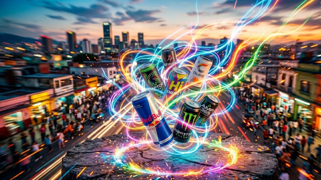 mejores energizantes Lata Red Bull, Monster y otras marcas flotando con destellos de colores sobre una ciudad nocturna.