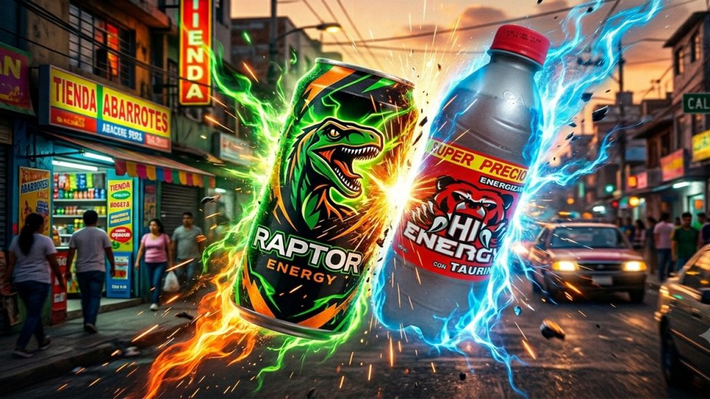 Lata de Raptor frente a botella de Hi Energy en una calle de Latinoamérica, ilustrando el dilema Raptor vs Hi Energy.