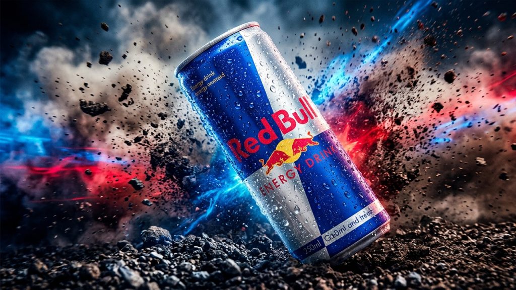 Lata de Red Bull Energy Drink fría con gotas de agua sobre fondo oscuro de acción con explosión de tierra y destellos azul y rojo.