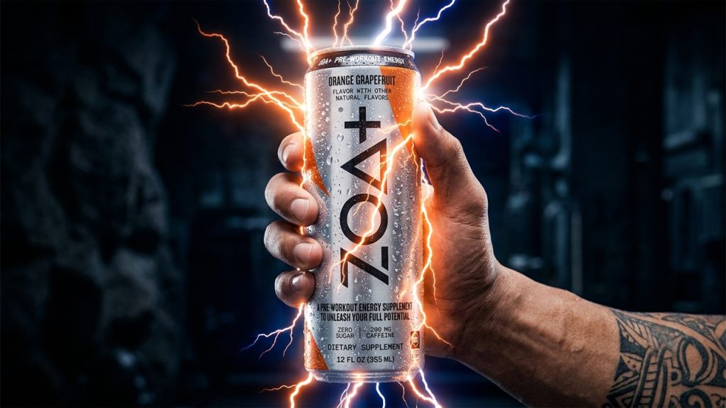 Una mano tatuada sosteniendo firmemente una lata plateada y naranja de ZOA Energy cubiertas de gotas de agua, con potentes rayos de luz y destellos de neón de color naranja emanando de ella, sobre un fondo oscuro y texturizado que resalta el brillo del producto.