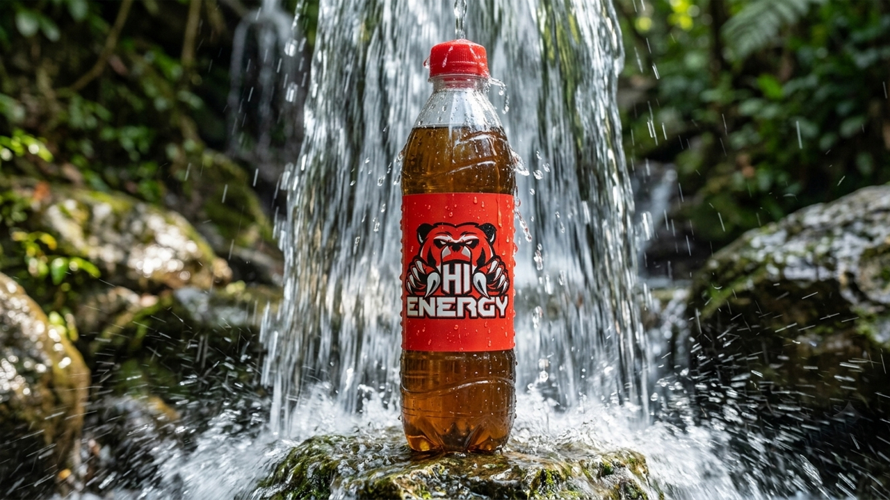 bebida hi- energy bañada en la cascada 