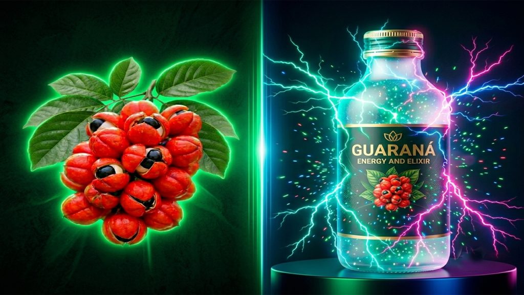 Miniatura de impacto sobre guaraná con diseño dividido; a la izquierda, un racimo brillante de frutas de guaraná con su característico aspecto de ojo sobre fondo verde neón, y a la derecha, una botella de "Guaraná Energy and Elixir" iluminada por intensos rayos y chispas de luz neón en tonos azul y rosa.