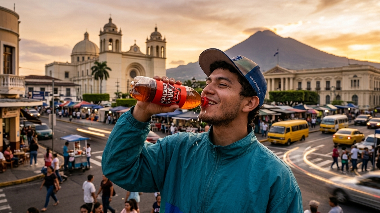 joven disfrutando de la botella de hi- energy 500 ML en la ciudad de san salvador