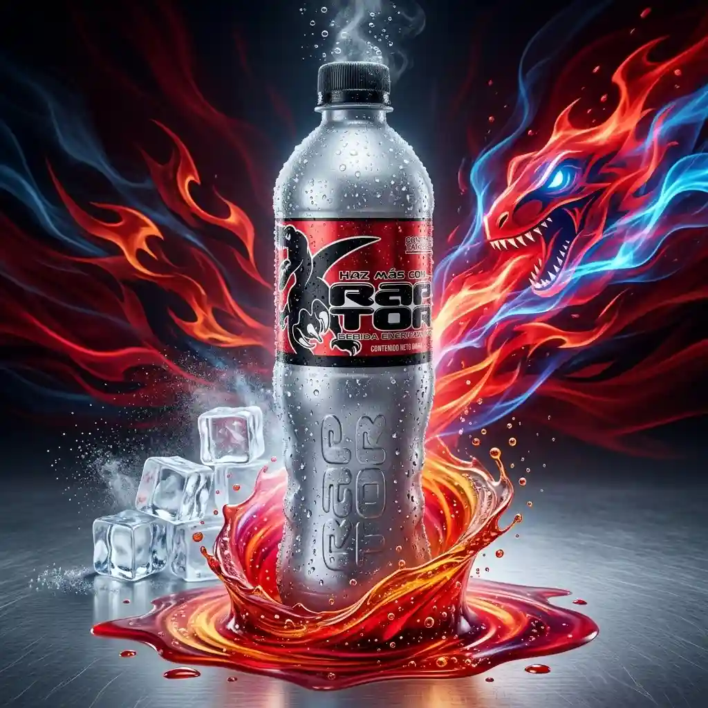 Botella de bebida energizante Raptor 600ml fría con gotas de condensación, rodeada de cubos de hielo, un torbellino líquido y un fondo dinámico con llamas y un dragón brillante.
