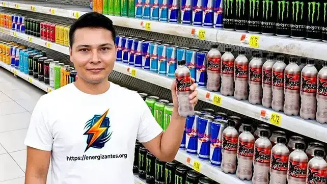 Imagen de un hombre sonriente en un pasillo de supermercado lleno de bebidas energéticas.