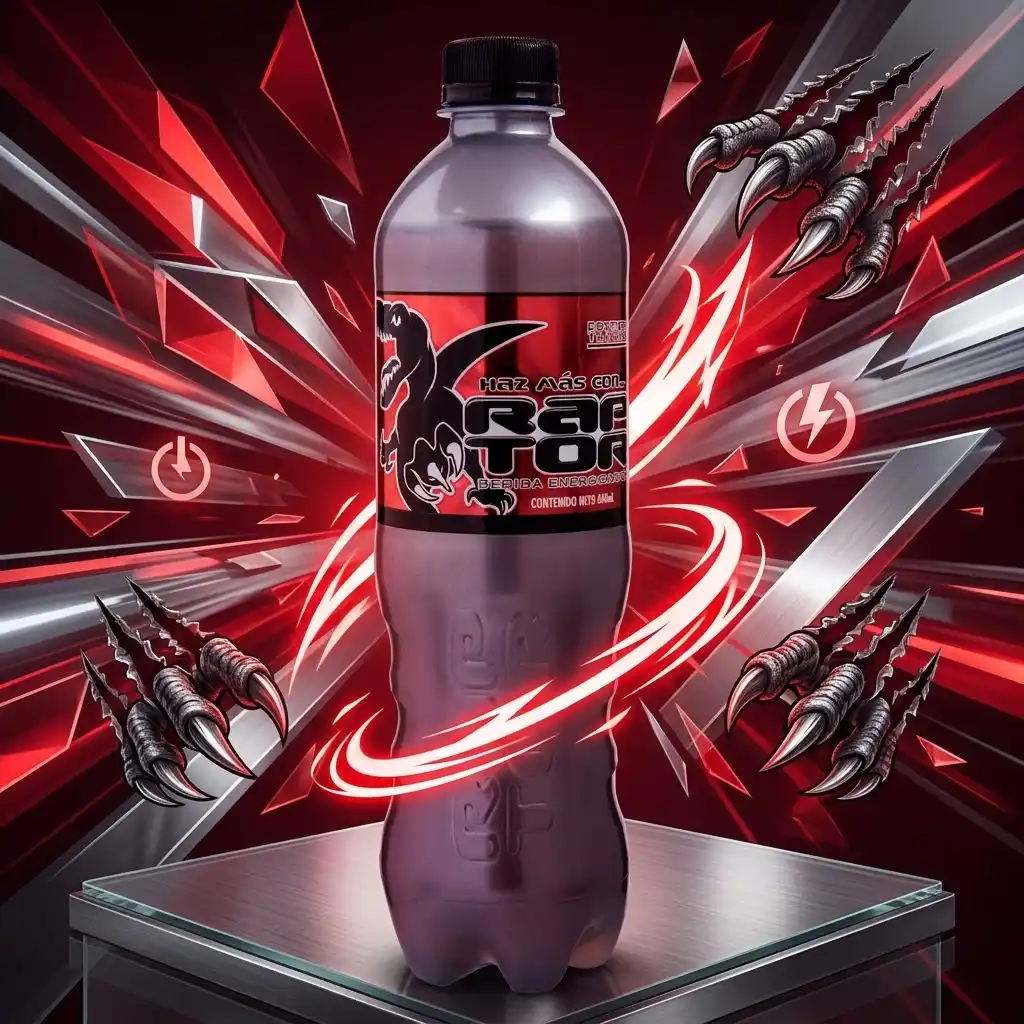 Botella de bebida energizante Raptor 600ml sobre podio con fondo dinámico en tonos rojo y negro.