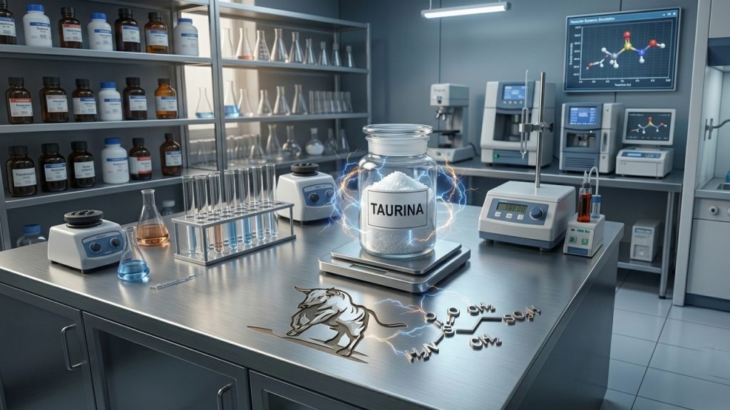 Un frasco de taurina en un laboratorio con un toro y la molécula en la mesa