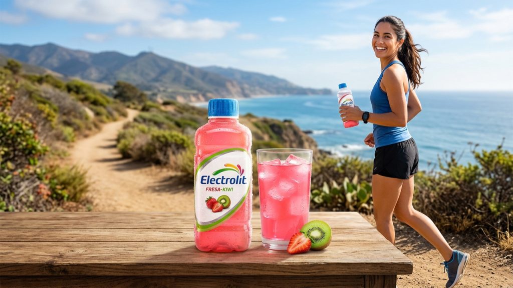 Botella de Electrolit de fresa-kiwi y un vaso con hielo sobre una mesa de madera, con una mujer corriendo al fondo junto al mar.