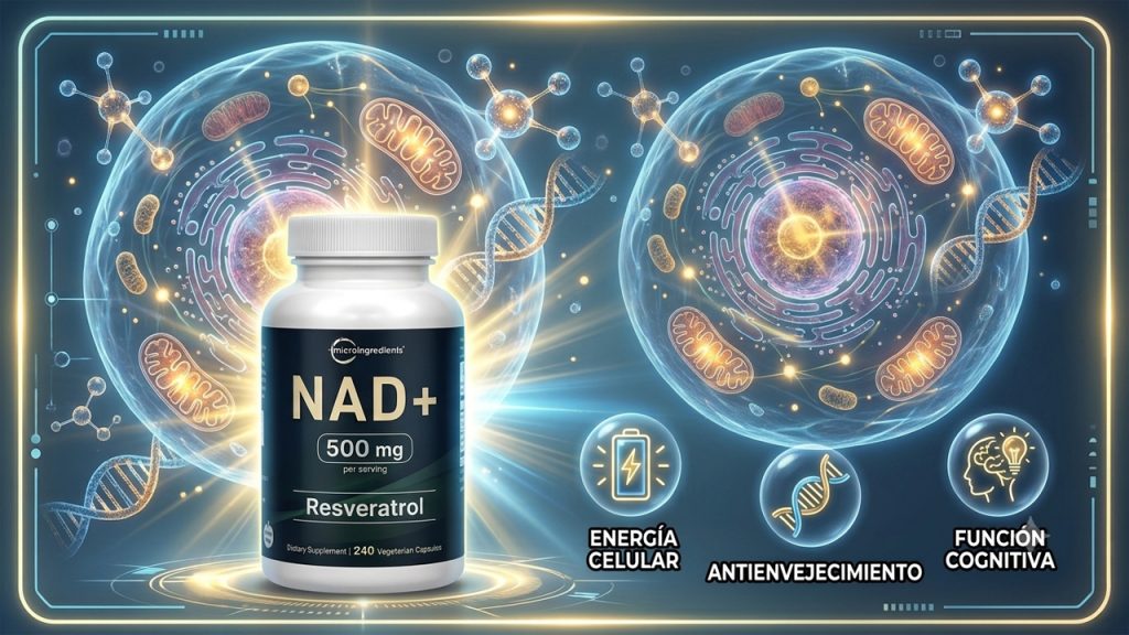 NAD beneficios: un frasco de suplemento NAD+ y Resveratrol rodeado de ilustraciones científicas de células, cadenas de ADN e íconos de salud celular.