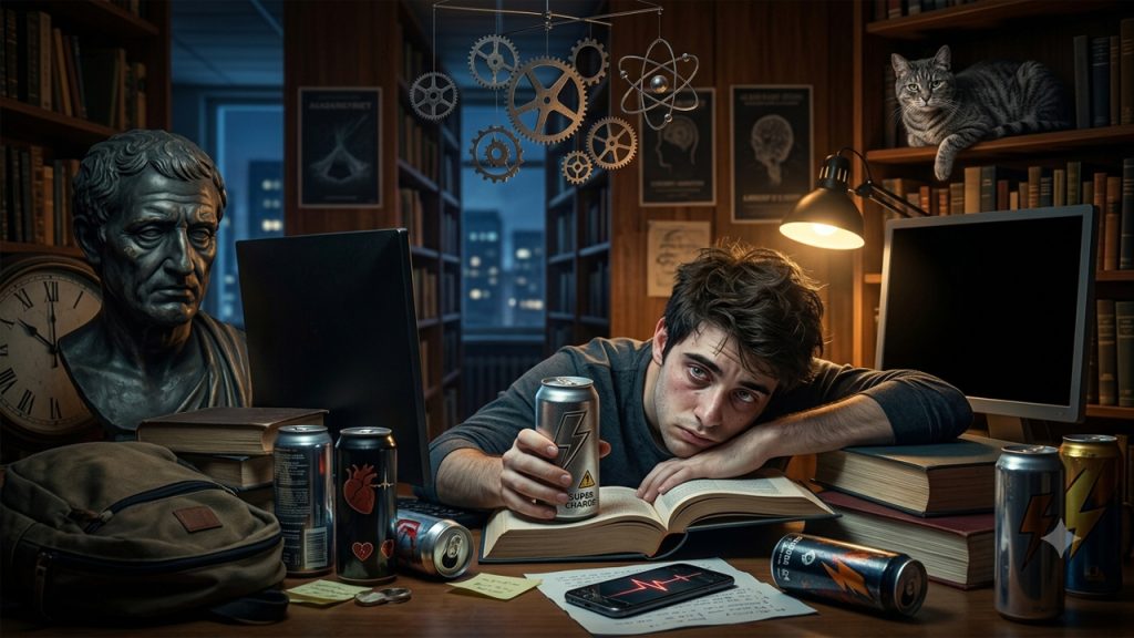 Un joven exhausto apoya la cabeza sobre un libro en su escritorio lleno de latas de bebida energética y libros, rodeado de una biblioteca oscura, representando los efectos secundarios de la taurina.