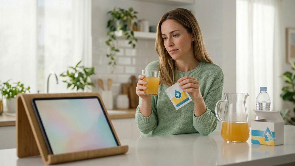 Una mujer en la cocina sosteniendo un paquete de suero oral y un vaso con bebida, junto a una jarra y una tableta digital sobre la mesa.