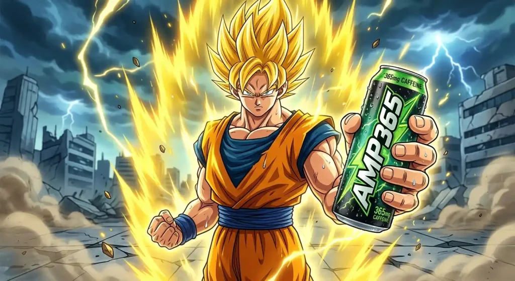 Goku Super Saiyajin sosteniendo una lata de bebida energizante AMP365.