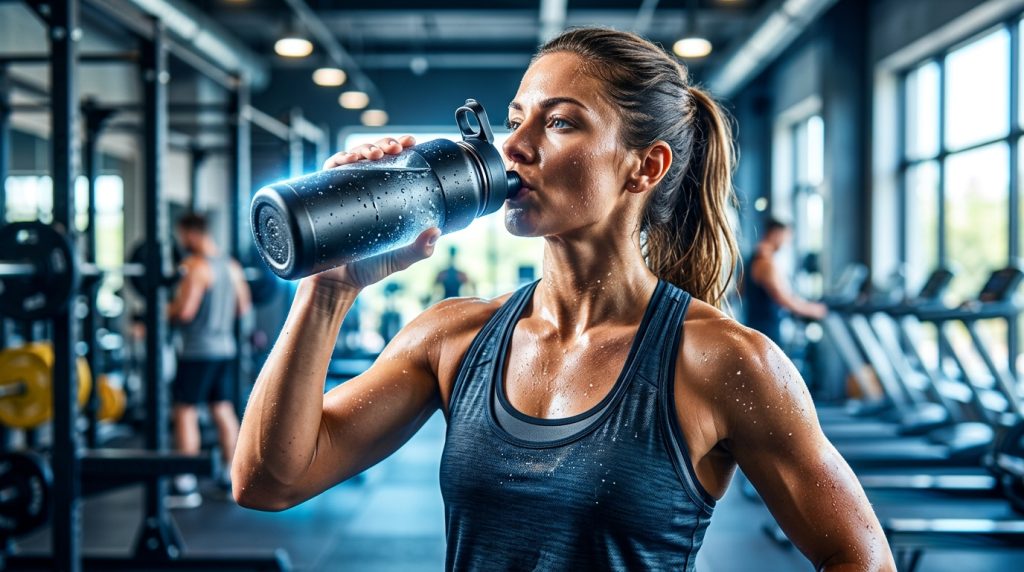 Mujer atlética bebiendo agua en un gimnasio moderno, mostrando una de las mejores botellas deportivas.