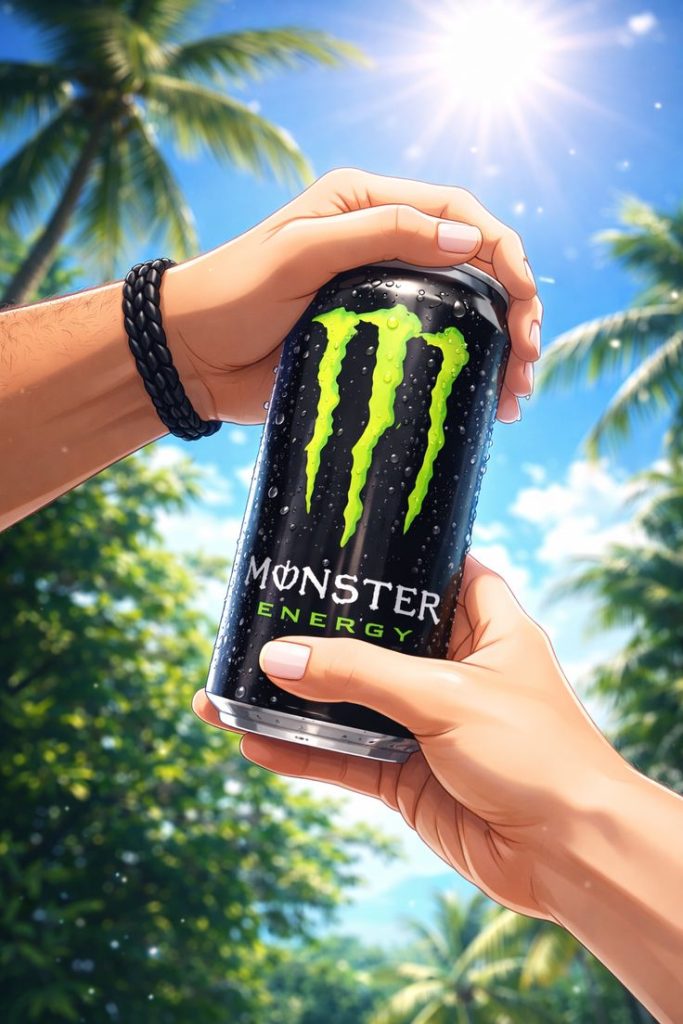Lata Monster Energy Original sostenida en playa tropical soleada con palmeras.