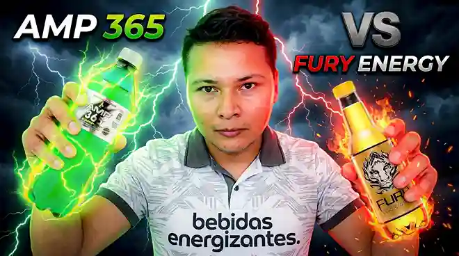 Un hombre en el centro sosteniendo una botella de AMP 365 rodeada de rayos verdes y una botella de FURY ENERGY envuelta en llamas, en una miniatura que dice 'AMP 365 vs FURY ENERGY' sobre un fondo de tormenta eléctrica.