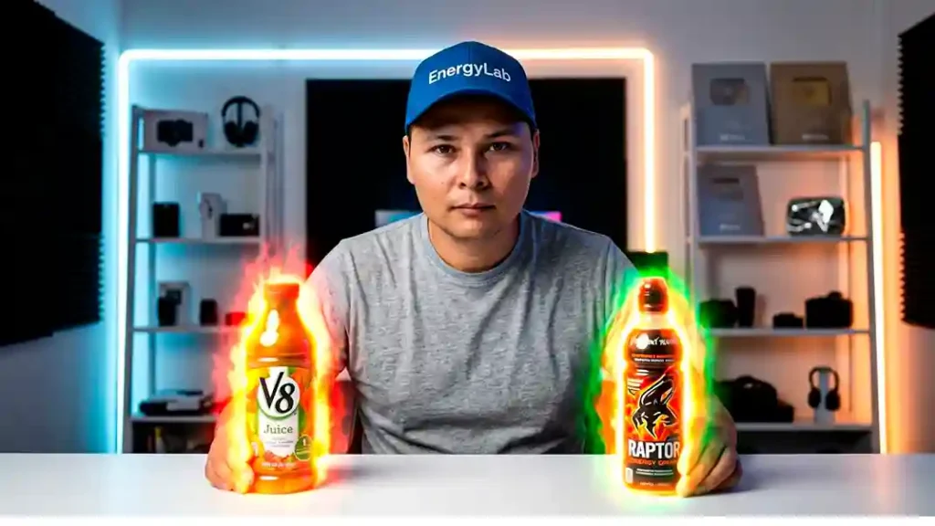 Creador de contenido de EnergyLab con gorra azul y camiseta gris, sentado frente a una mesa con una botella de bebida energizante Raptor y una botella de jugo de vegetales V8 rodeadas de auras incandescentes. creando la bebida: raptor con jugo v8